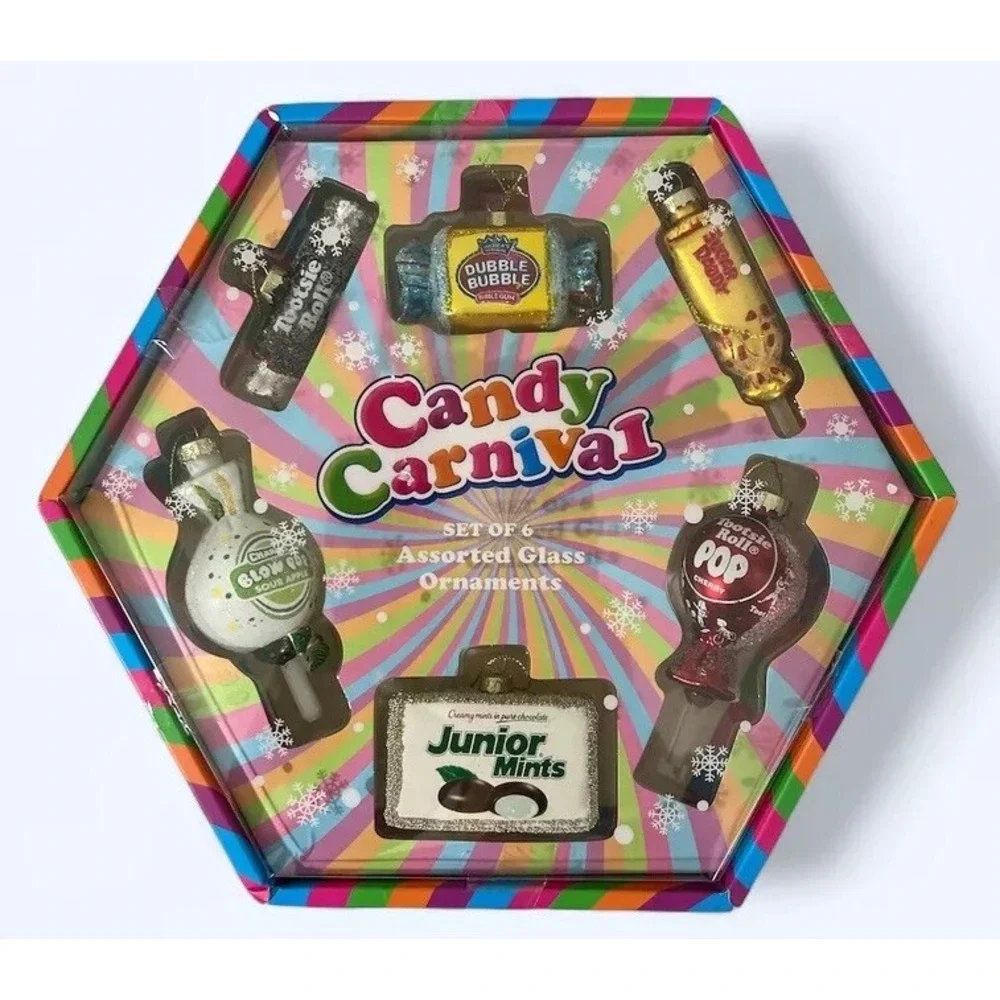 Candy Carnaval Blown Glass Christmas Ornaments Set of 6.